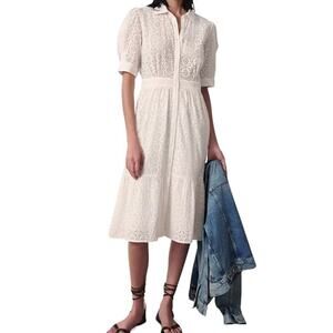 Ba&sh Selya Broderie Anglasis Eyelet Cotton Shirt Dress In Ecru Size 4
